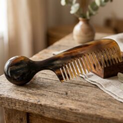 Buffalo horn round handle hair comb: premium natural horn, ergonomic design, and keratin-rich material to reduce frizz and flyaways.