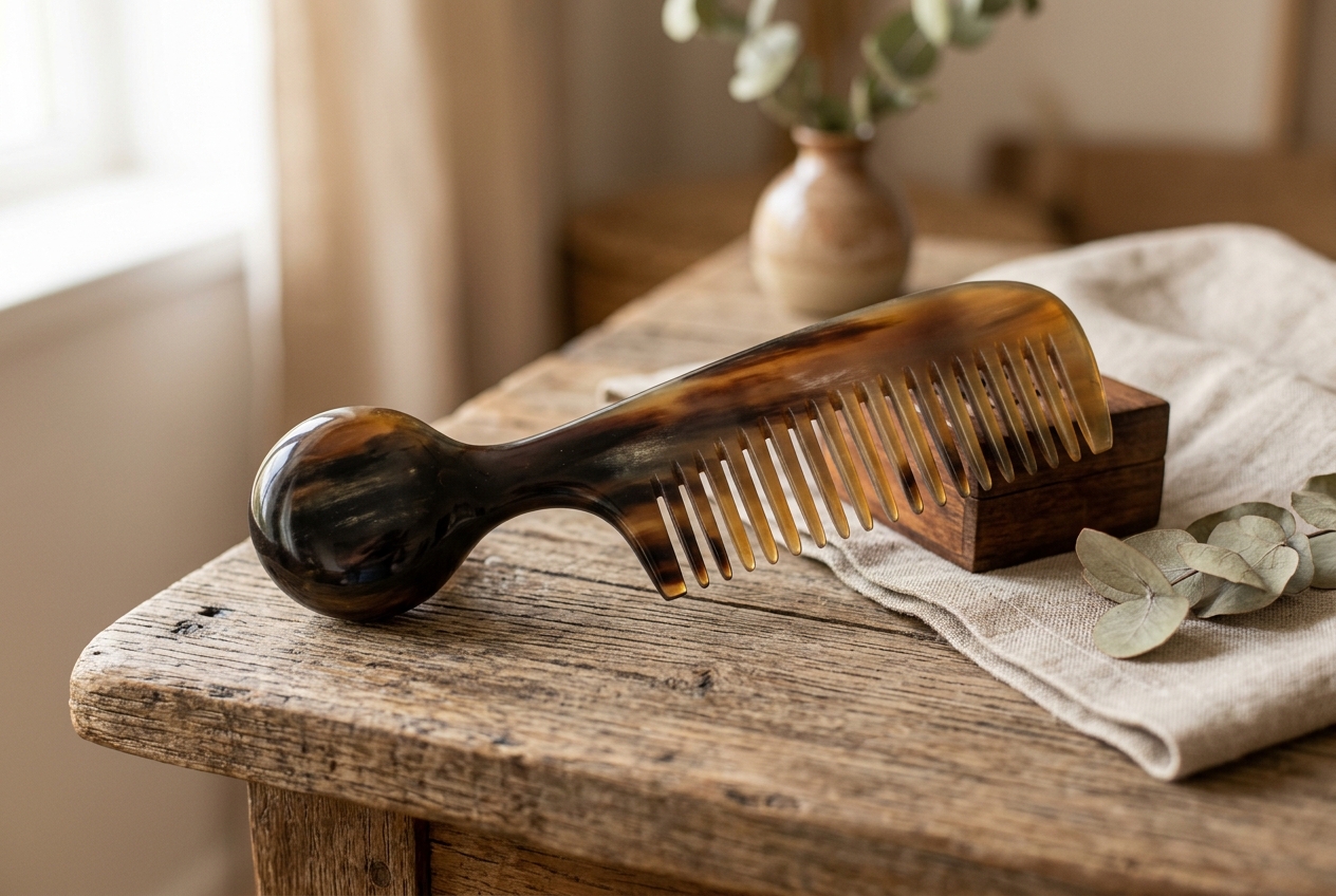 Buffalo horn round handle hair comb